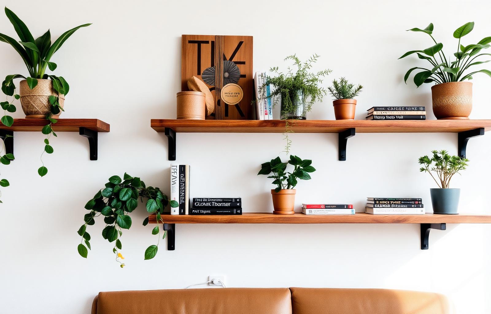 Floating wood shelves with plants