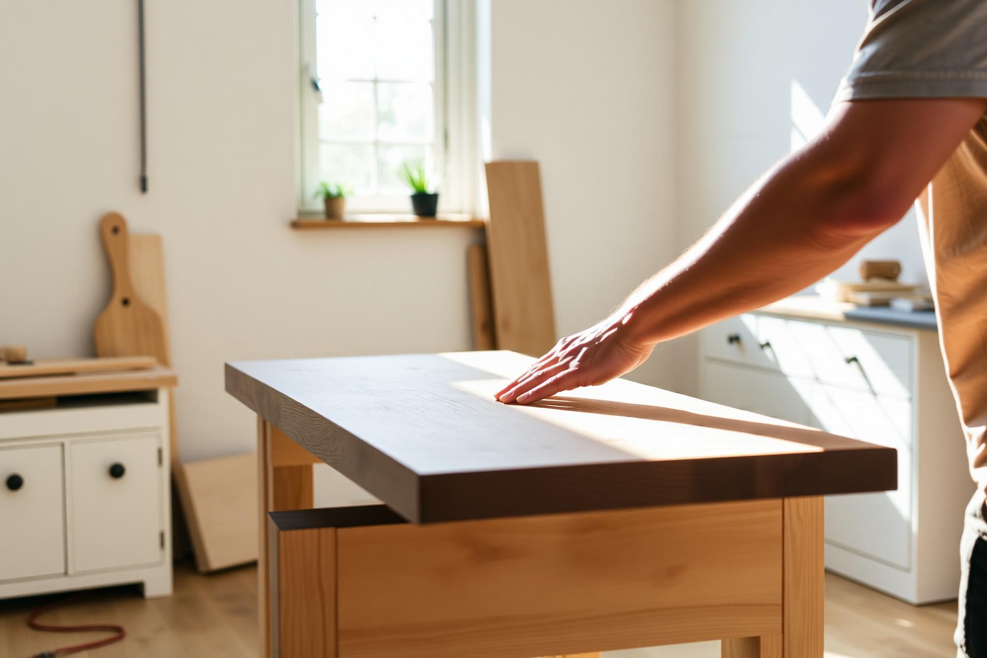 Maker sanding a reclaimed wood table in a bright workshop